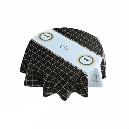 Nordic PVC Tablecloth with Black and White Grid Pattern and Horse Design - Round