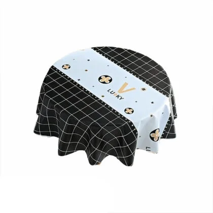 Nordic PVC Tablecloth with Black Grid Pattern and "Lucky" Design - Round