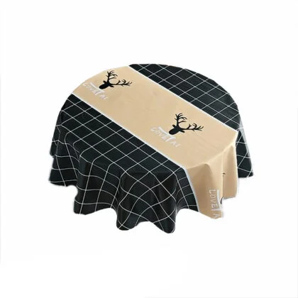 Nordic PVC Tablecloth with Black Grid Pattern and Beige Deer Design - Round