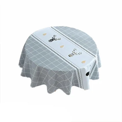 Nordic PVC Tablecloth with Gray Grid Pattern and Deer - Round