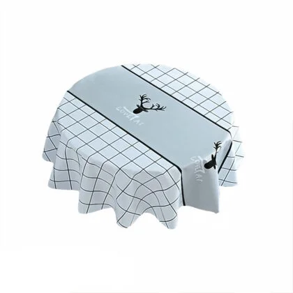 Nordic PVC Tablecloth with Gray Grid Pattern and Deer Design - Round